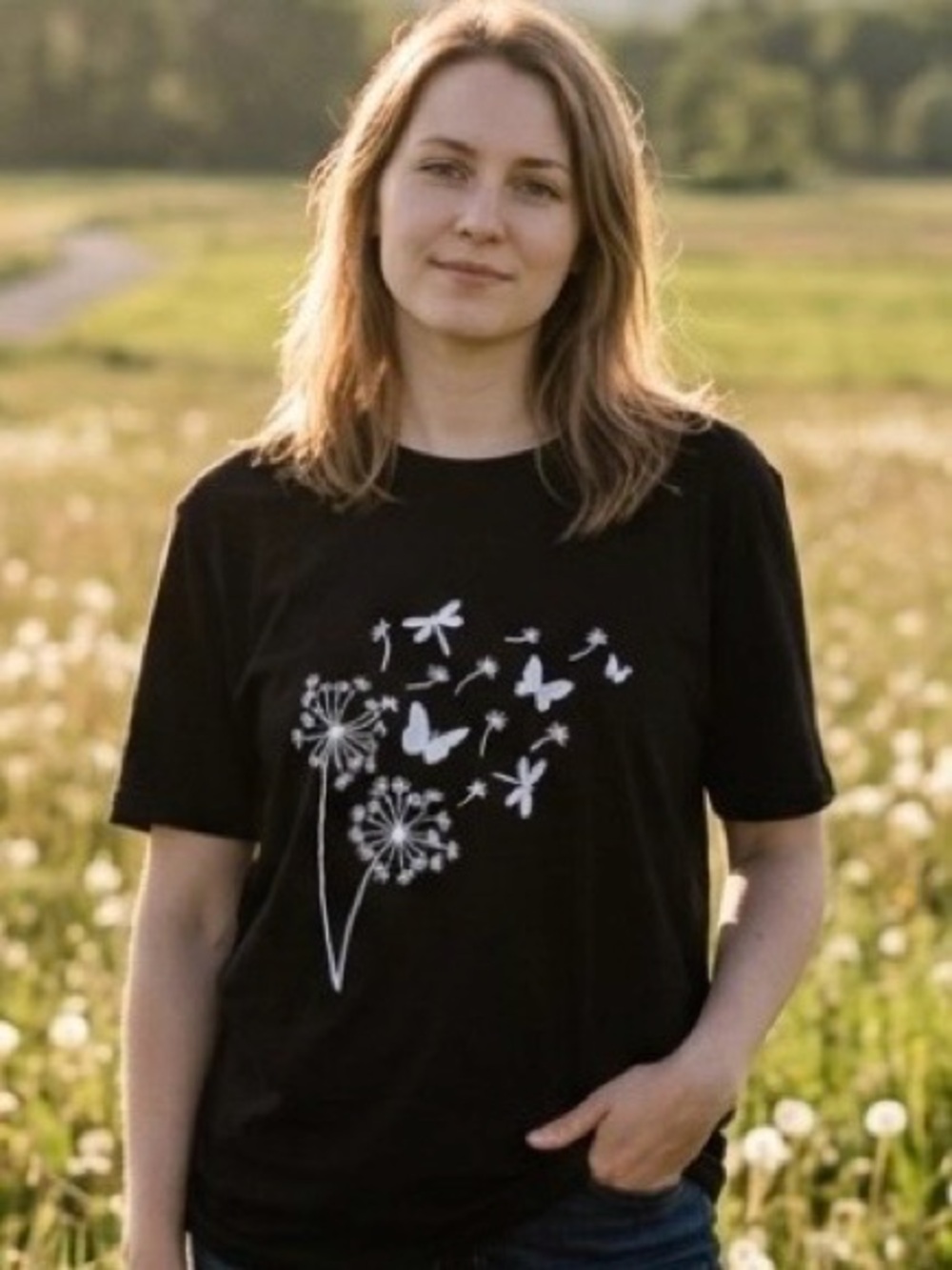 Black Short-Sleeve Sweater with White Dandelion & Butterfly Print - Women's